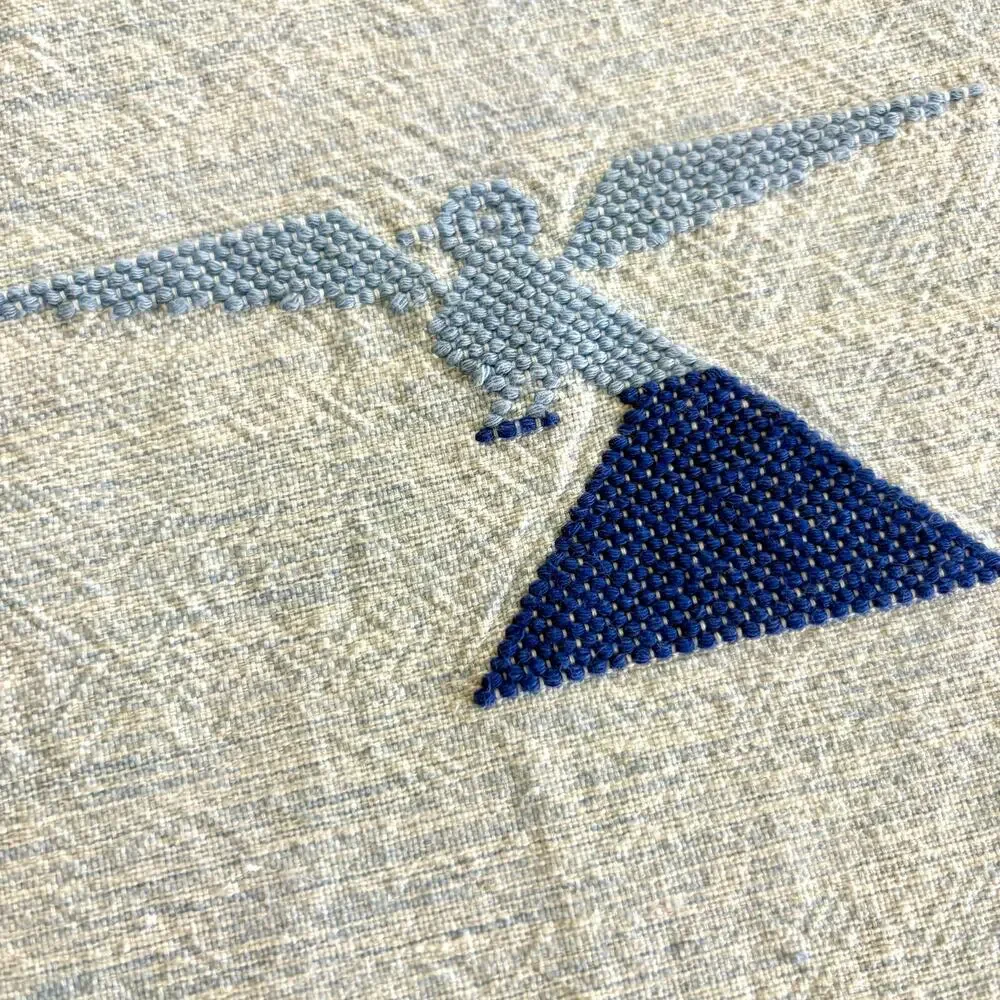 Vintage Guatemalan Cotton Tablecloth Blue Bird Embroidery
